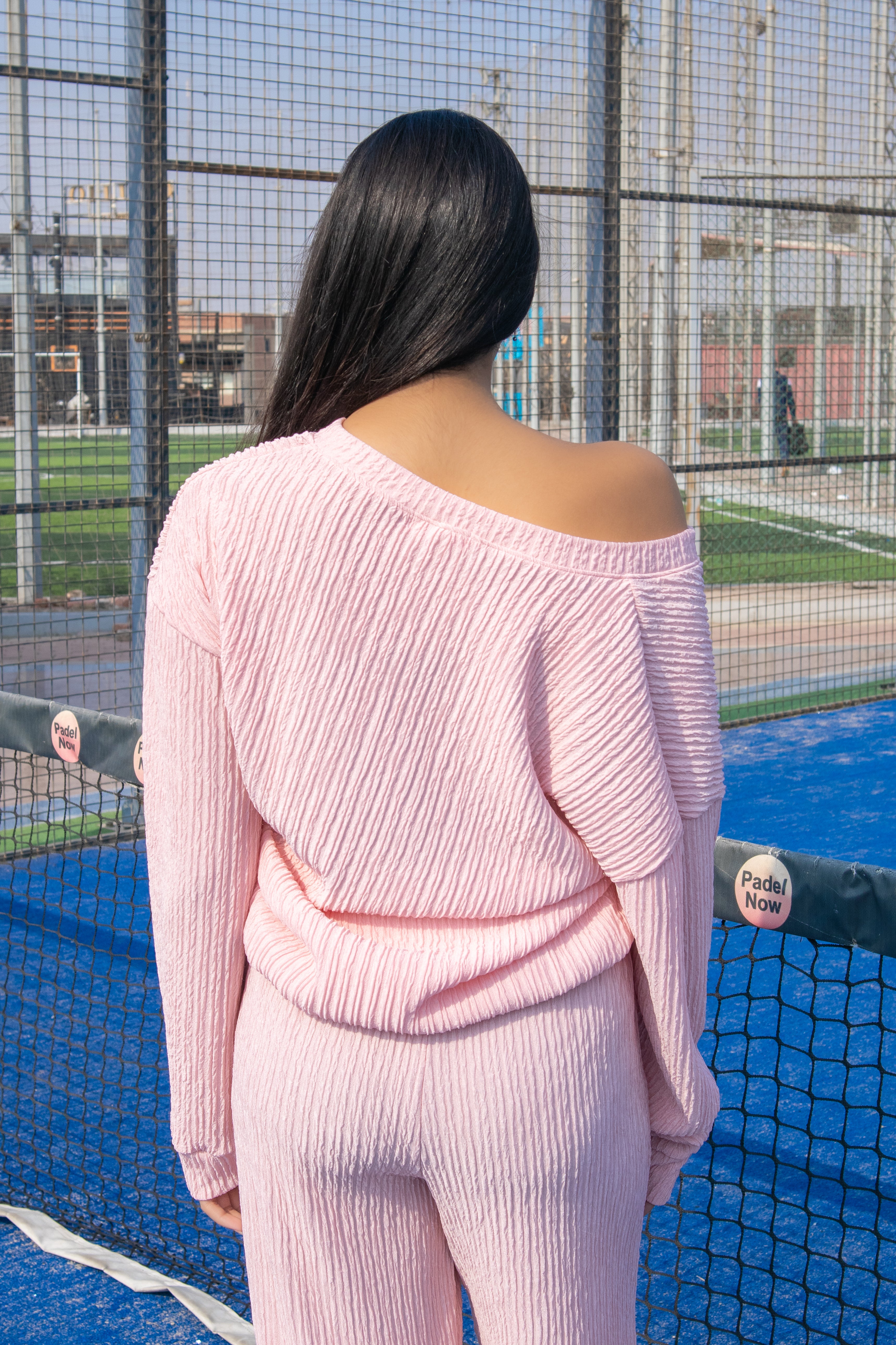 Off-Shoulder Pastel Pink Ribbed Top with Relaxed Fit