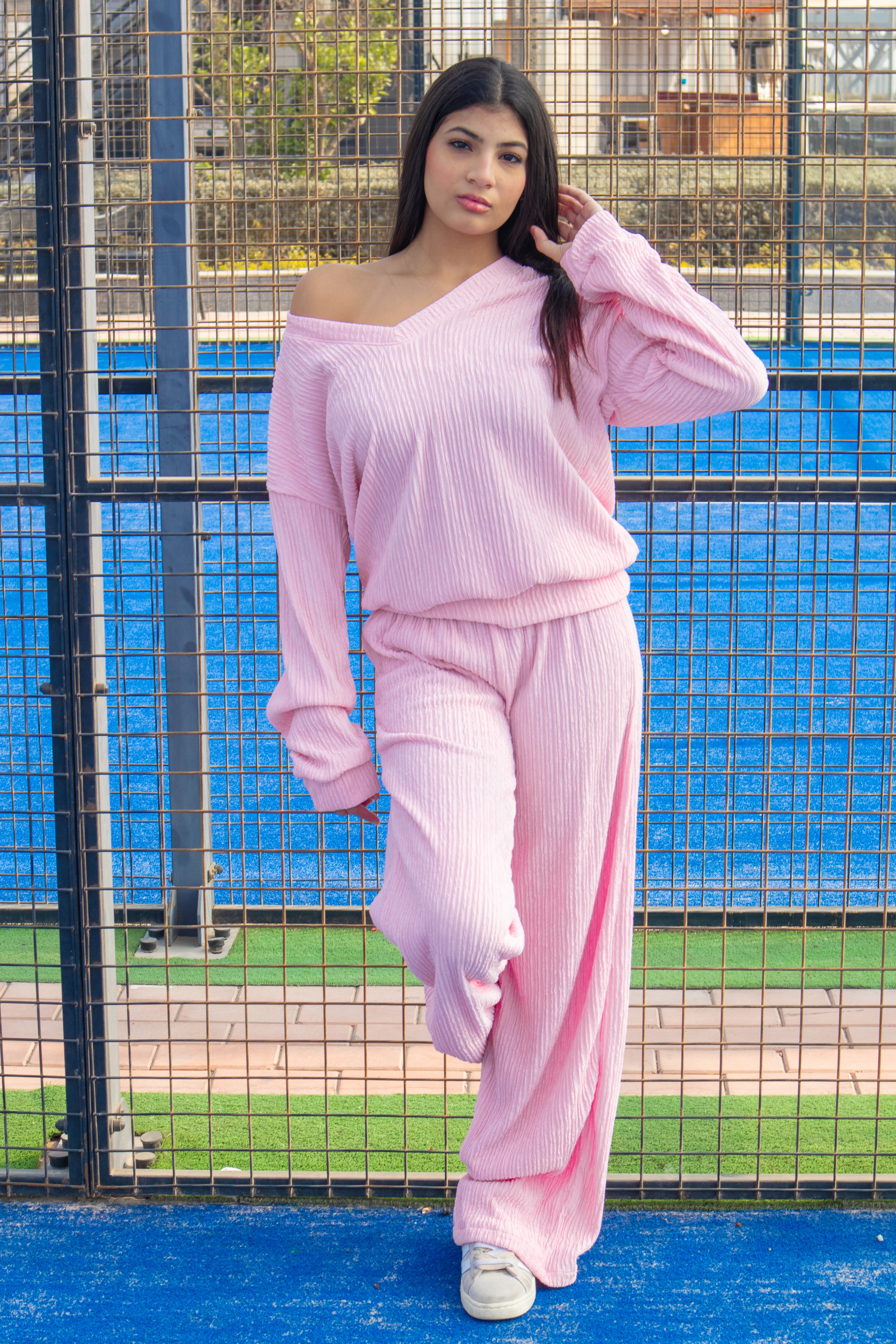 Cozy Pastel Pink Off-Shoulder Set